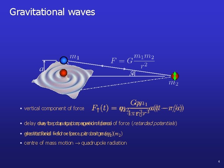 Gravitational waves • vertical component of force • delay may bepropagation due to speed