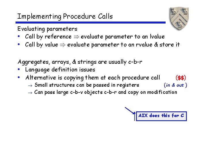 Implementing Procedure Calls Evaluating parameters • Call by reference evaluate parameter to an lvalue