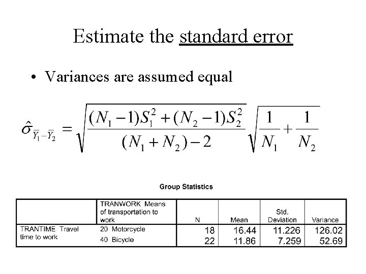 Estimate the standard error • Variances are assumed equal 