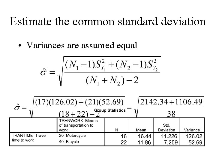 Estimate the common standard deviation • Variances are assumed equal 