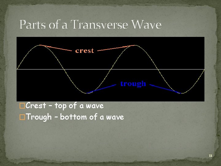 Parts of a Transverse Wave �Crest – top of a wave �Trough – bottom