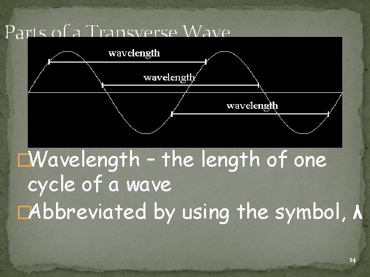 Parts of a Transverse Wave �Wavelength – the length of one cycle of a