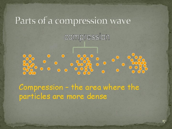 Parts of a compression wave Compression – the area where the particles are more