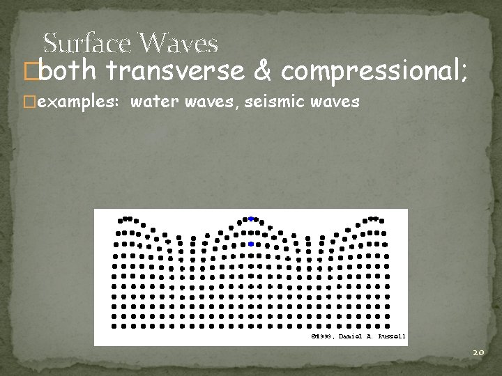 Surface Waves �both transverse & compressional; �examples: water waves, seismic waves 20 