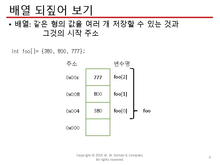 배열 되짚어 보기 • 배열: 같은 형의 값을 여러 개 저장할 수 있는 것과