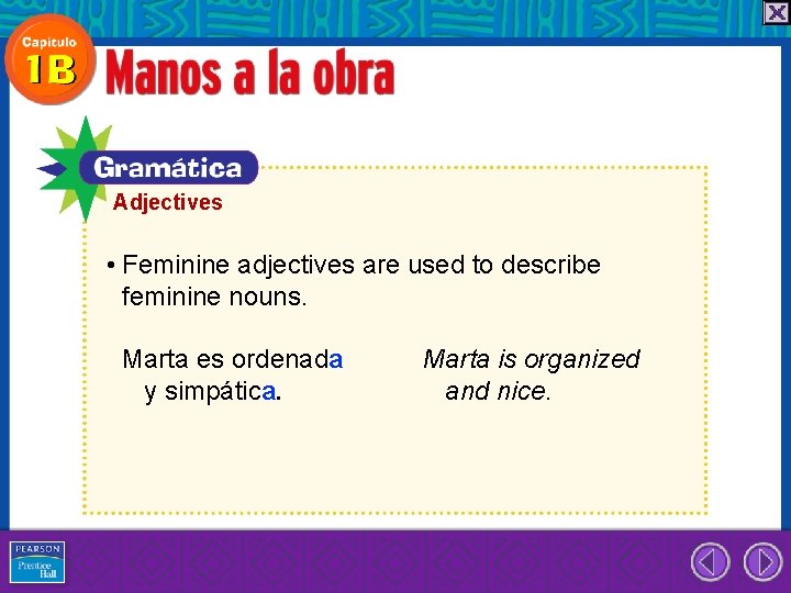 Adjectives • Feminine adjectives are used to describe feminine nouns. Marta es ordenada y