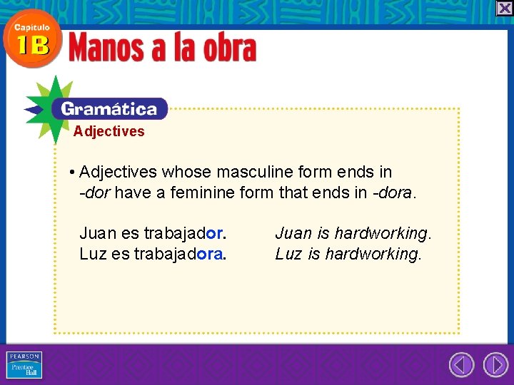 Adjectives • Adjectives whose masculine form ends in -dor have a feminine form that
