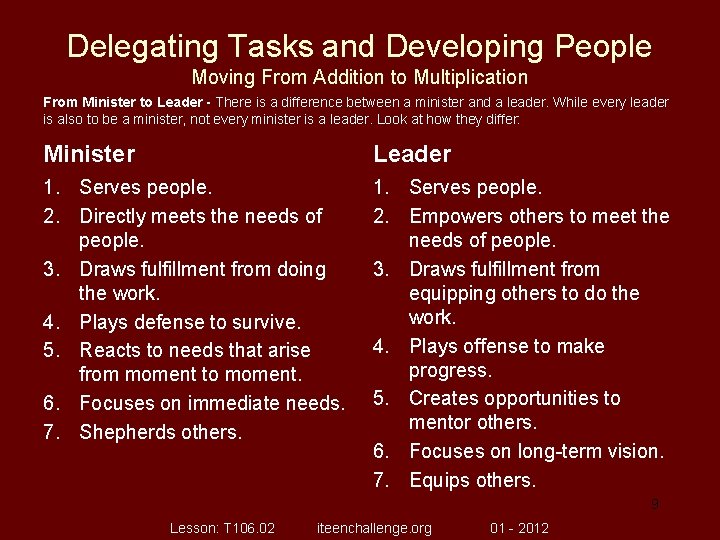Delegating Tasks and Developing People Moving From Addition to Multiplication From Minister to Leader