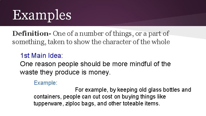 Examples Definition- One of a number of things, or a part of something, taken