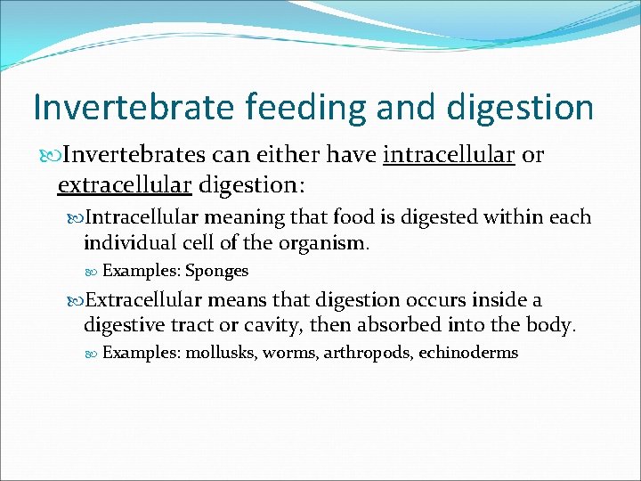 Invertebrate feeding and digestion Invertebrates can either have intracellular or extracellular digestion: Intracellular meaning