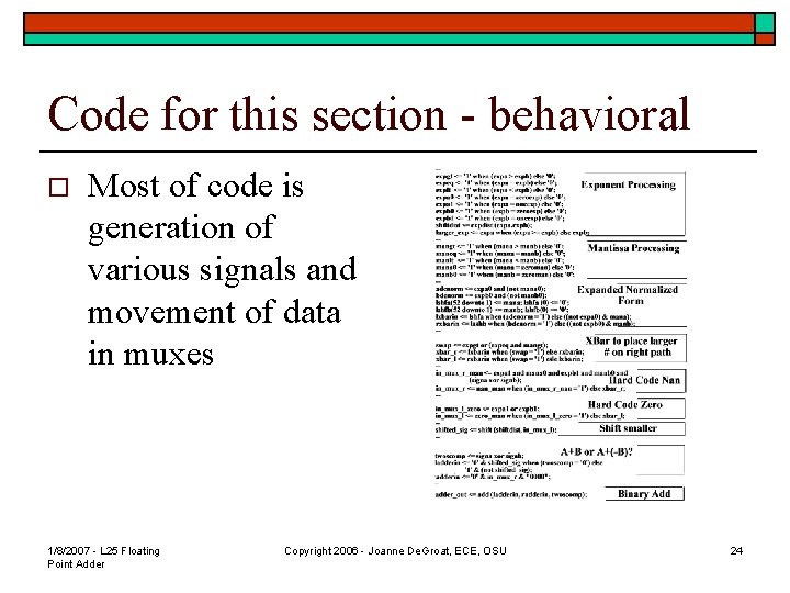 Code for this section - behavioral o Most of code is generation of various