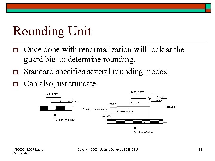 Rounding Unit o o o Once done with renormalization will look at the guard