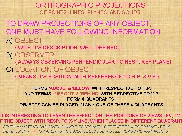 ORTHOGRAPHIC PROJECTIONS OF POINTS, LINES, PLANES, AND SOLIDS. TO DRAW PROJECTIONS OF ANY OBJECT,