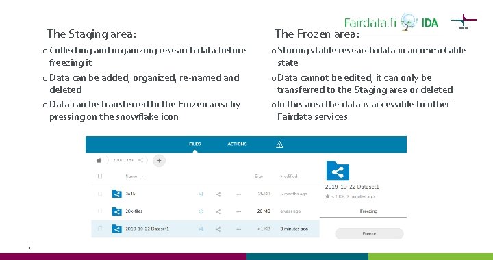 The Staging area: o Collecting and organizing research data before freezing it o Data