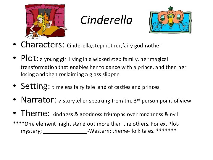 Cinderella • Characters: Cinderella, stepmother, fairy godmother • Plot: a young girl living in