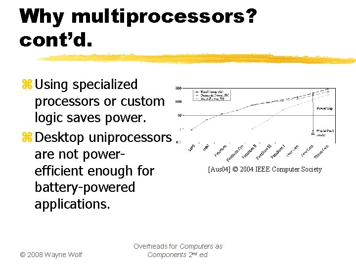 Why multiprocessors? cont’d. z Using specialized processors or custom logic saves power. z Desktop