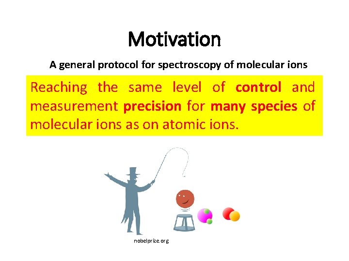 Motivation A general protocol for spectroscopy of molecular ions Reaching the same level of