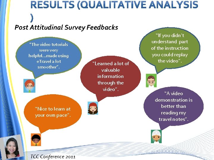 Post Attitudinal Survey Feedbacks “The video tutorials were very helpful…made using e. Travel a