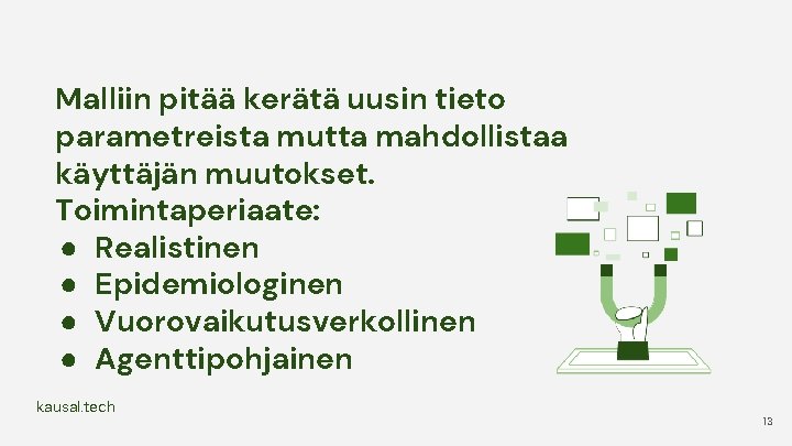 Malliin pitää kerätä uusin tieto parametreista mutta mahdollistaa käyttäjän muutokset. Toimintaperiaate: ● Realistinen ● Malliin pitää kerätä uusin tieto parametreista mutta mahdollistaa käyttäjän muutokset. Toimintaperiaate: ● Realistinen ●