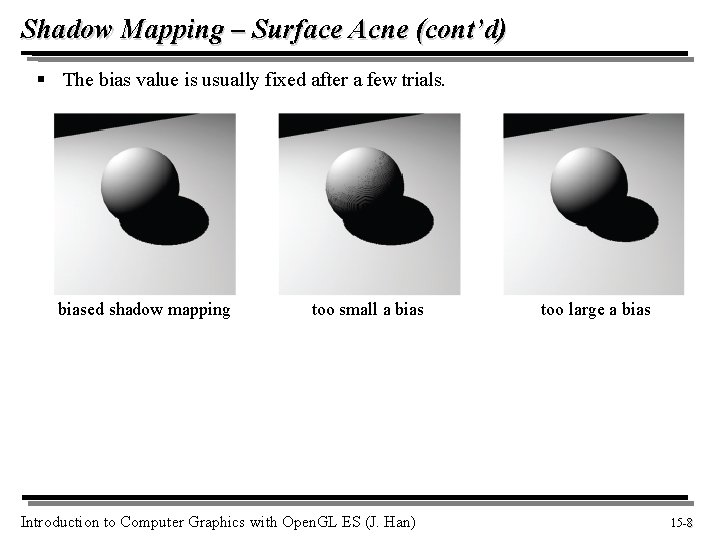 Shadow Mapping – Surface Acne (cont’d) § The bias value is usually fixed after