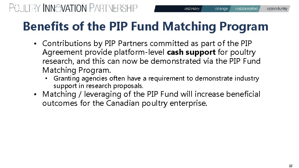 Benefits of the PIP Fund Matching Program • Contributions by PIP Partners committed as