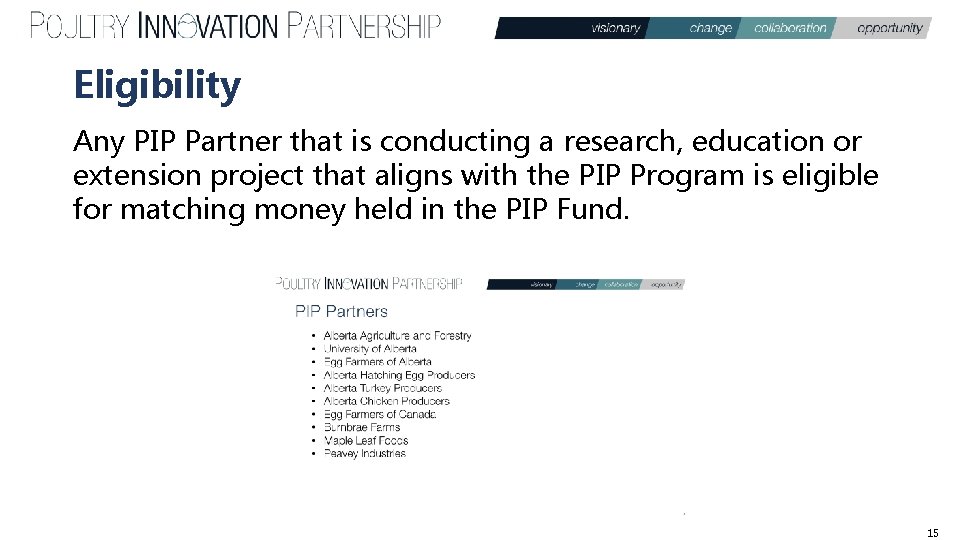 Eligibility Any PIP Partner that is conducting a research, education or extension project that