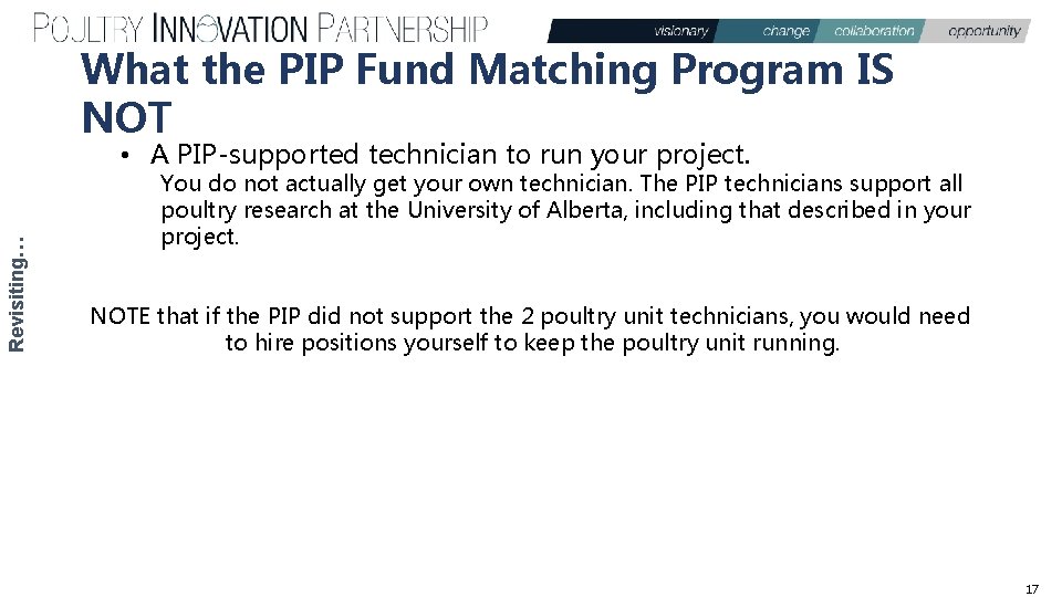 What the PIP Fund Matching Program IS NOT Revisiting… • A PIP-supported technician to