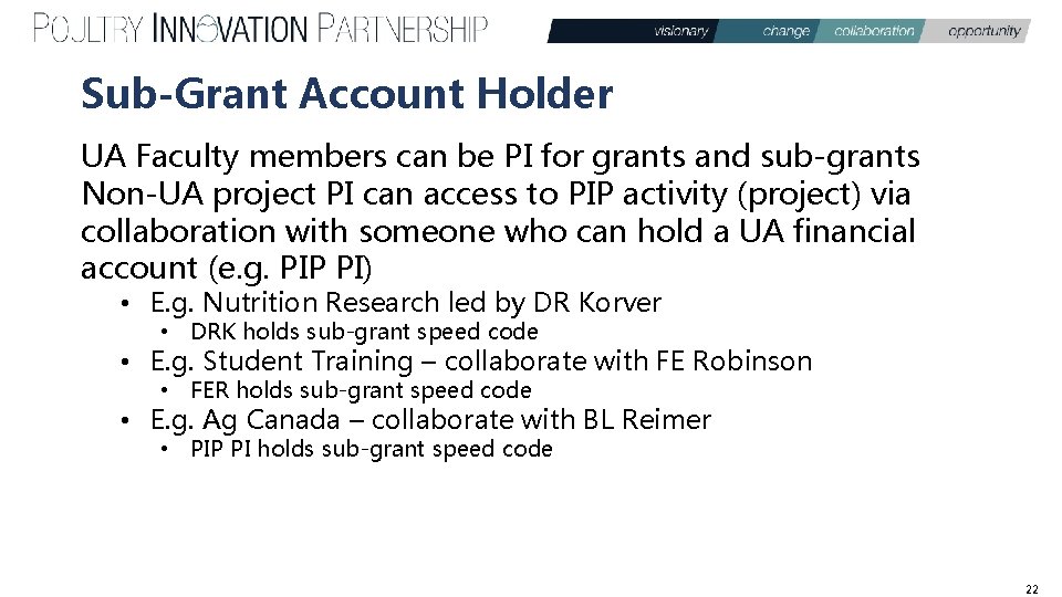 Sub-Grant Account Holder UA Faculty members can be PI for grants and sub-grants Non-UA