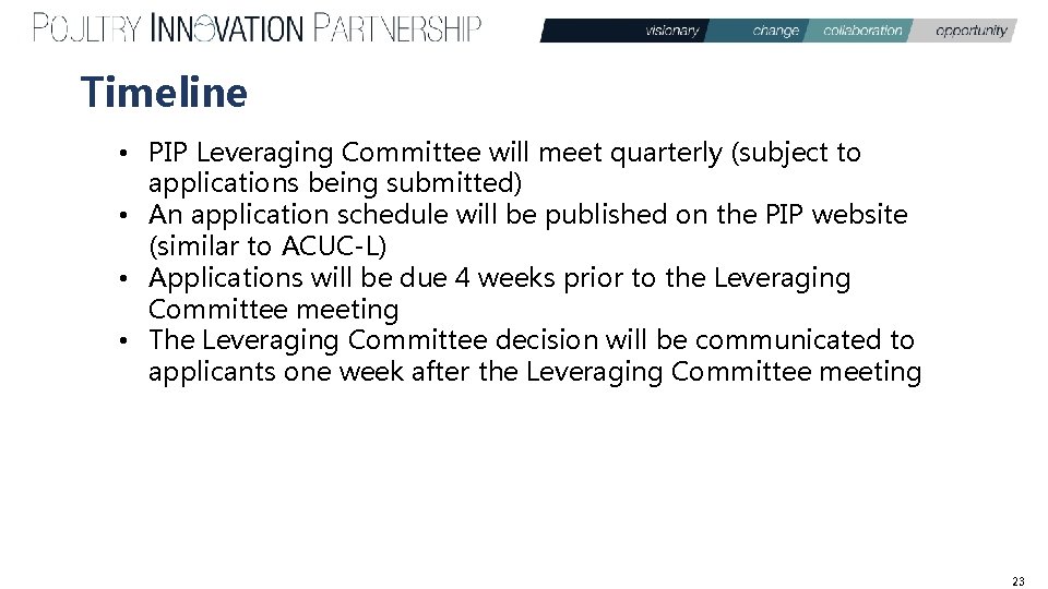 Timeline • PIP Leveraging Committee will meet quarterly (subject to applications being submitted) •