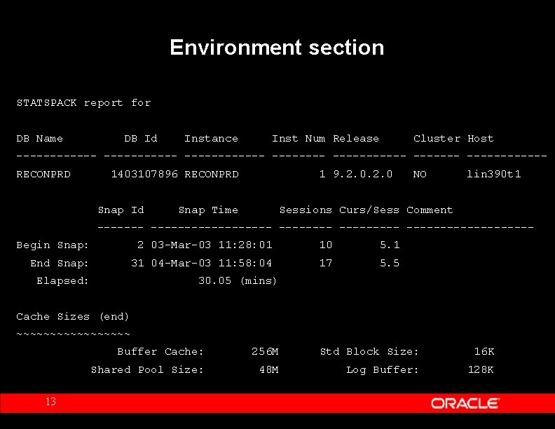 Environment section STATSPACK report for DB Name DB Id Instance Inst Num Release Cluster