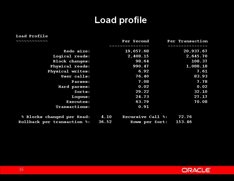 Load profile Load Profile ~~~~~~ Redo size: Logical reads: Block changes: Physical reads: Physical