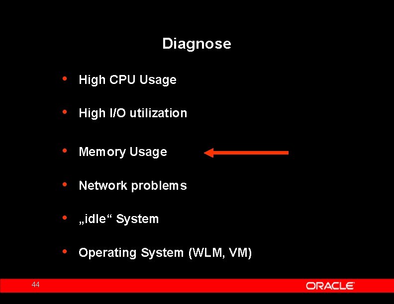 Diagnose 44 • High CPU Usage • High I/O utilization • Memory Usage •