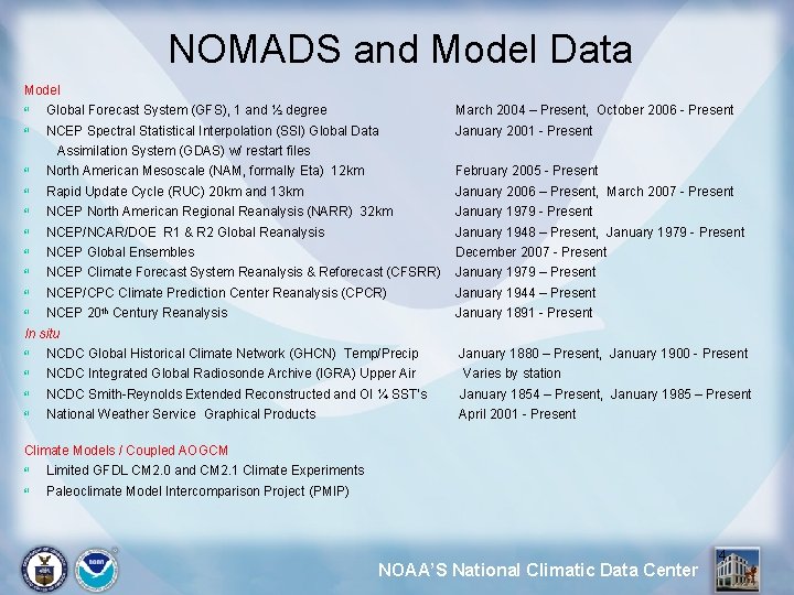 NOMADS and Model Data Model Global Forecast System (GFS), 1 and ½ degree March