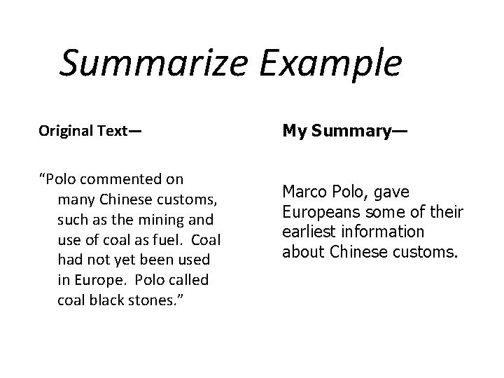 Summarize Example Original Text— “Polo commented on many Chinese customs, such as the mining