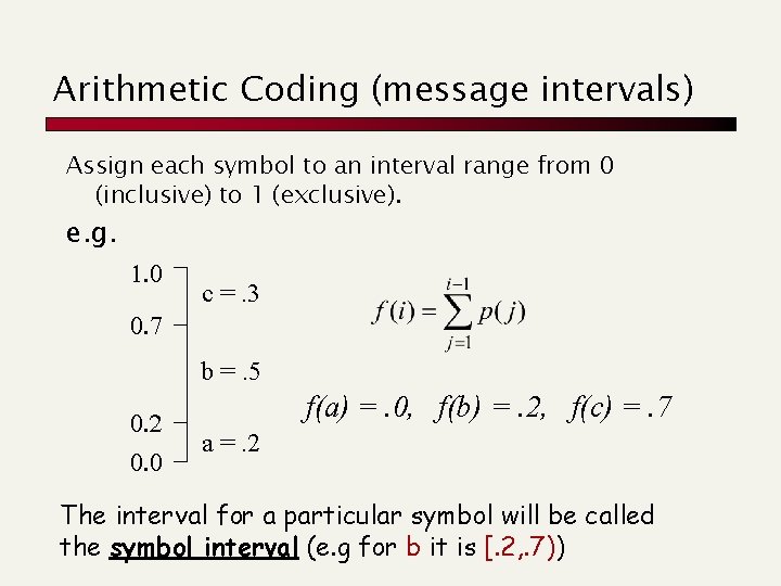 Arithmetic Coding (message intervals) Assign each symbol to an interval range from 0 (inclusive)