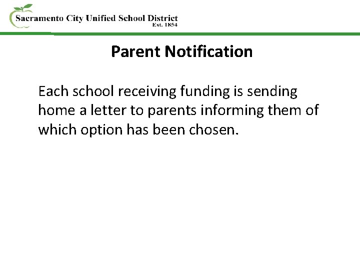 Parent Notification Each school receiving funding is sending home a letter to parents informing