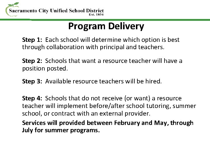 Program Delivery Step 1: Each school will determine which option is best through collaboration