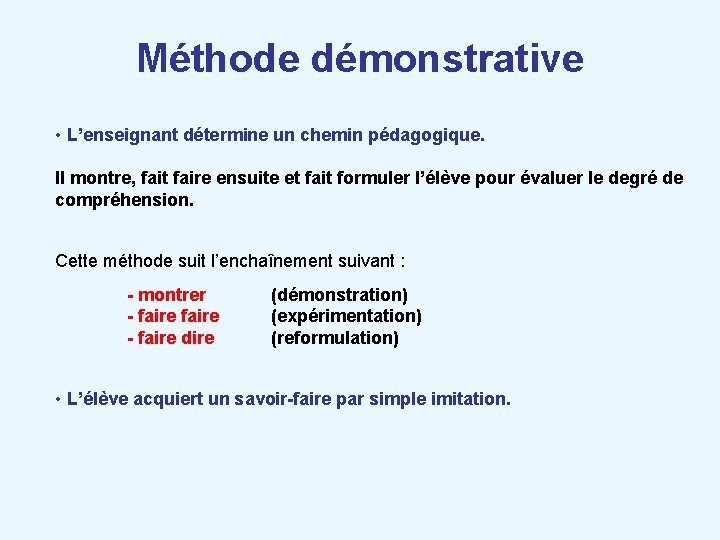 Méthode démonstrative • L’enseignant détermine un chemin pédagogique. Il montre, fait faire ensuite et