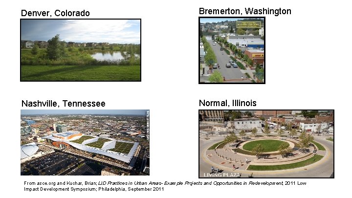 Denver, Colorado Bremerton, Washington Nashville, Tennessee Normal, Illinois From asce. org and Kuchar, Brian;