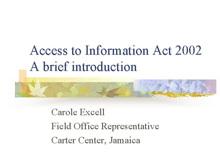 Access to Information Act 2002 A brief introduction Carole Excell Field Office Representative Carter