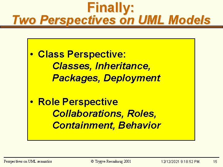 Finally: Two Perspectives on UML Models • Class Perspective: Classes, Inheritance, Packages, Deployment •