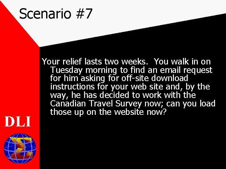 Scenario #7 DLI Your relief lasts two weeks. You walk in on Tuesday morning