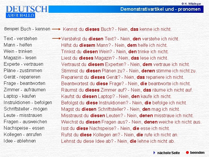 © H. Witzlinger Demonstrativartikel und - pronomen Beispiel: Buch - kennen Text - verstehen