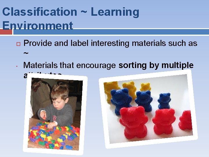 Classification ~ Learning Environment • Provide and label interesting materials such as ~ Materials