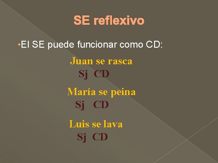 SE reflexivo • El SE puede funcionar como CD: Juan se rasca Sj CD SE reflexivo • El SE puede funcionar como CD: Juan se rasca Sj CD