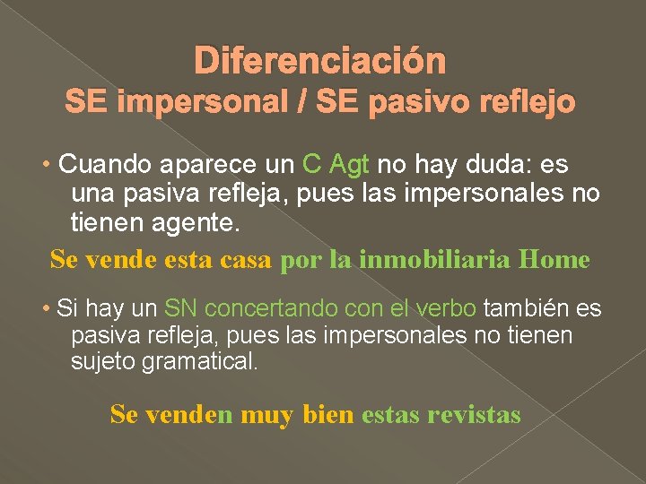Diferenciación SE impersonal / SE pasivo reflejo • Cuando aparece un C Agt no Diferenciación SE impersonal / SE pasivo reflejo • Cuando aparece un C Agt no