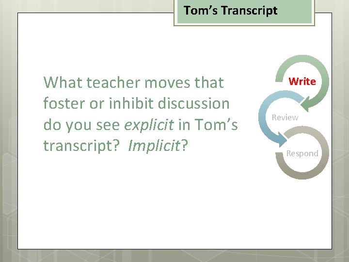 Tom’s Transcript What teacher moves that foster or inhibit discussion do you see explicit