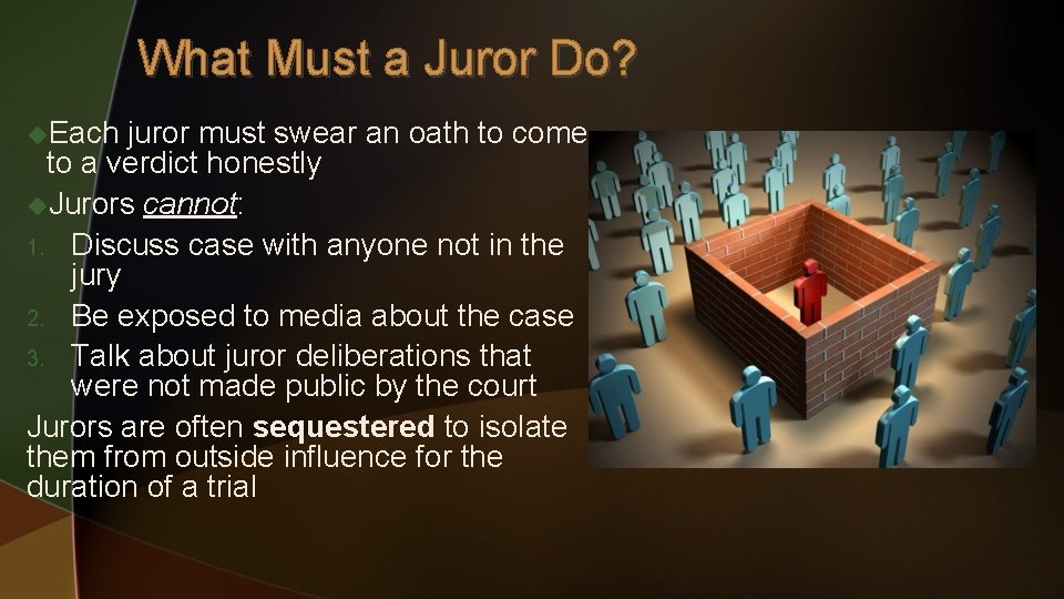 What Must a Juror Do? u. Each juror must swear an oath to come