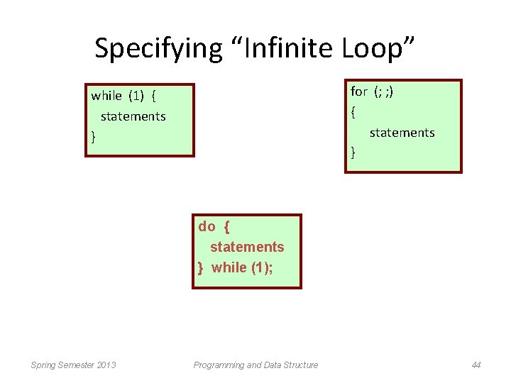 Specifying “Infinite Loop” for (; ; ) { statements } while (1) { statements