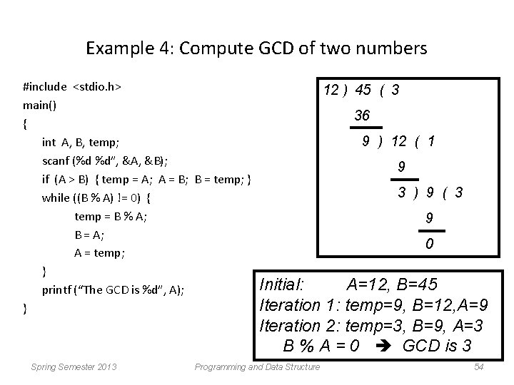 Example 4: Compute GCD of two numbers #include <stdio. h> main() { int A,